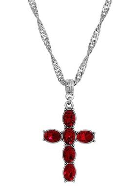 1928 Pewter Crystal Cross Twisted Pendant Necklace 20"